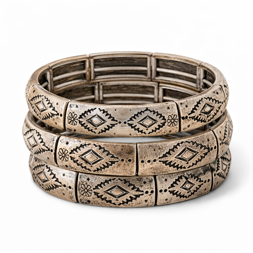 Canyon Line Stretch Bracelet Engraved Western Silver Panel Cuff