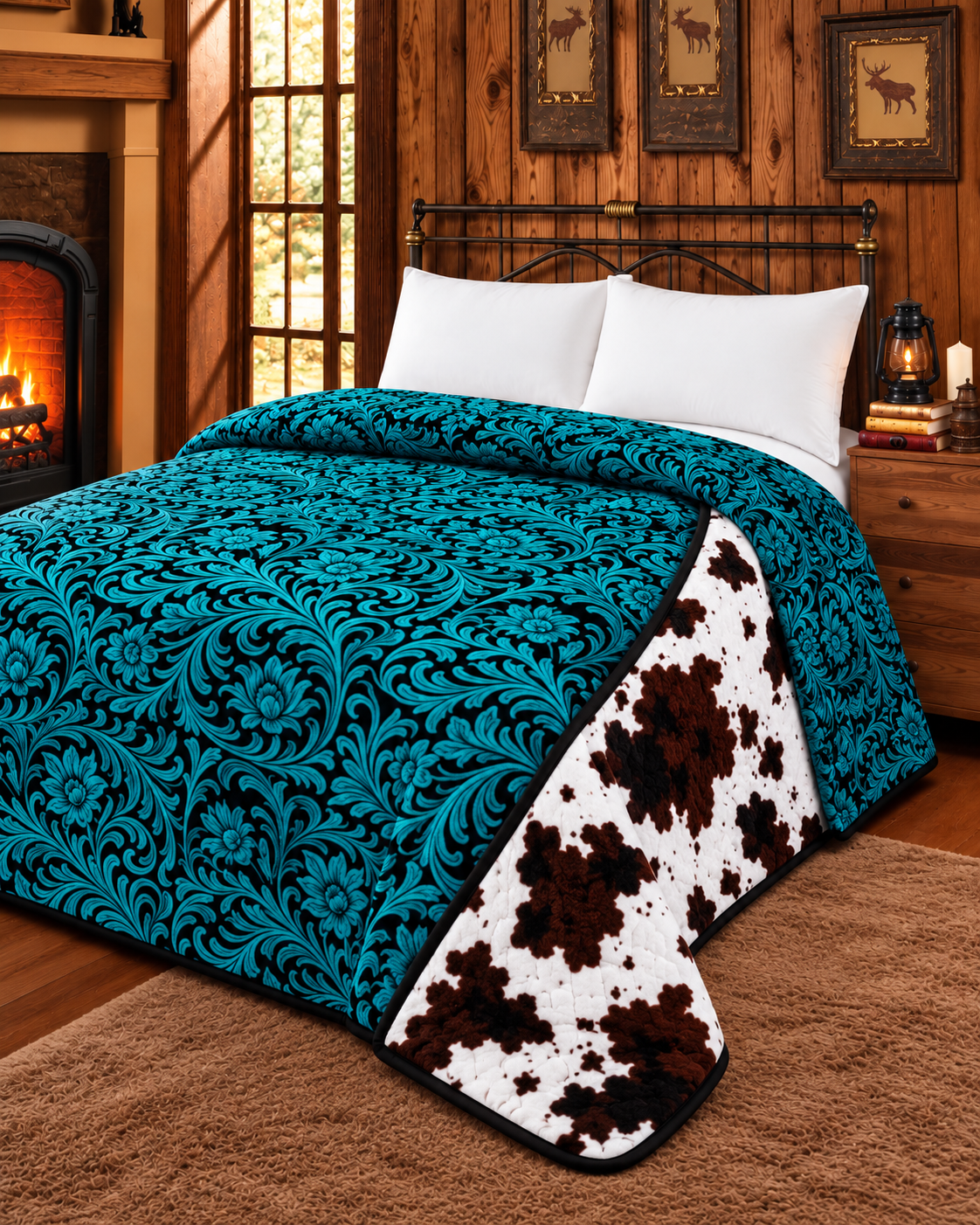 Turquoise Ranch Revival Reversible King Blanket