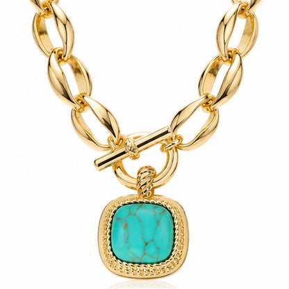 Gold-Plated Faux Turquoise Square Pendant Toggle Necklace