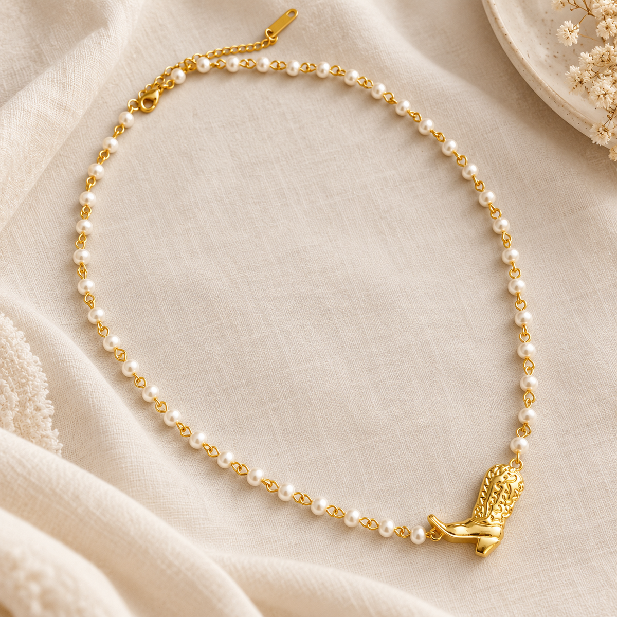 Cowgirl Boot Pearl Chain Necklace