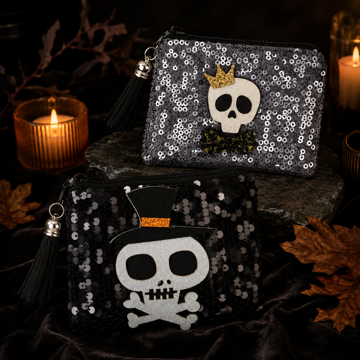 Black and silver Halloween sequin coin purses with skull designs styled in a moody candlelit After Dark scene.