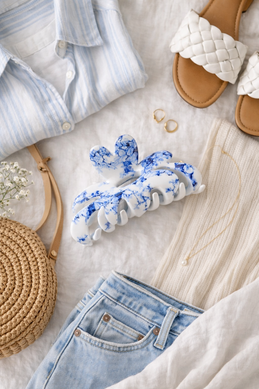 Blue Porcelain Bloom Claw Clip – Coastal Floral Hair Clip Medium Glossy Everyday Hair Clip