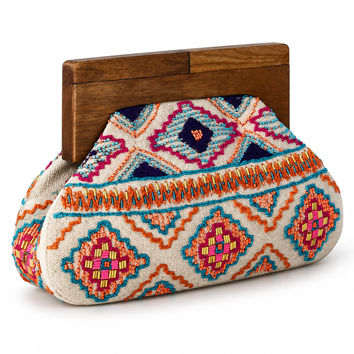 Fiesta Bloom Beaded Clutch | Wooden Handle