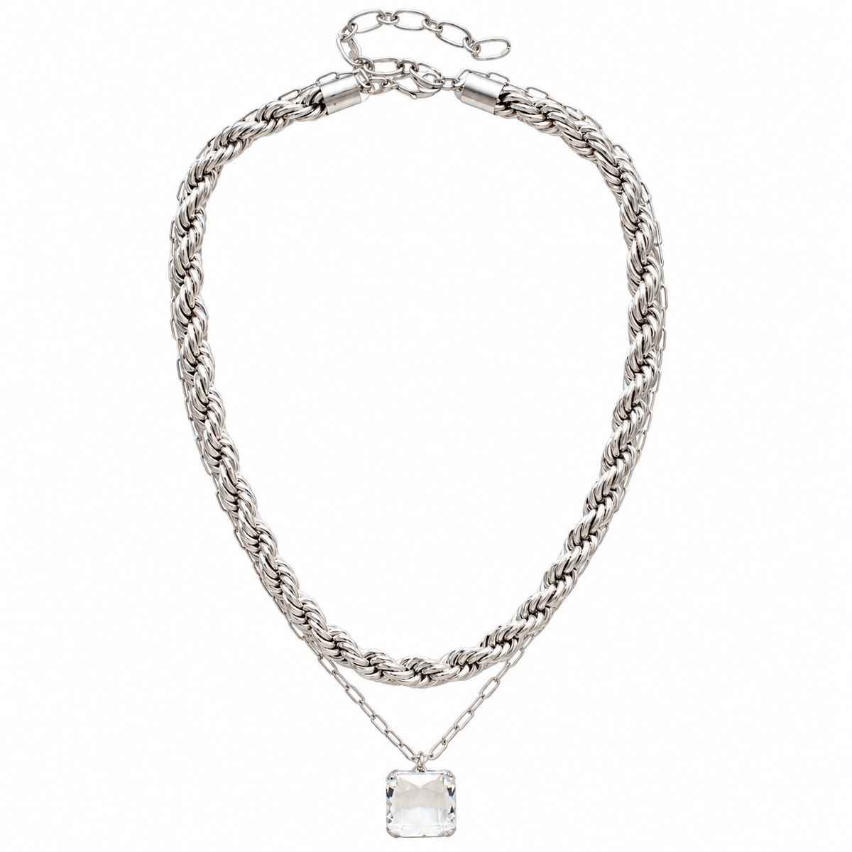 Silver Hour Layered Necklace | Clear Stone Pendant