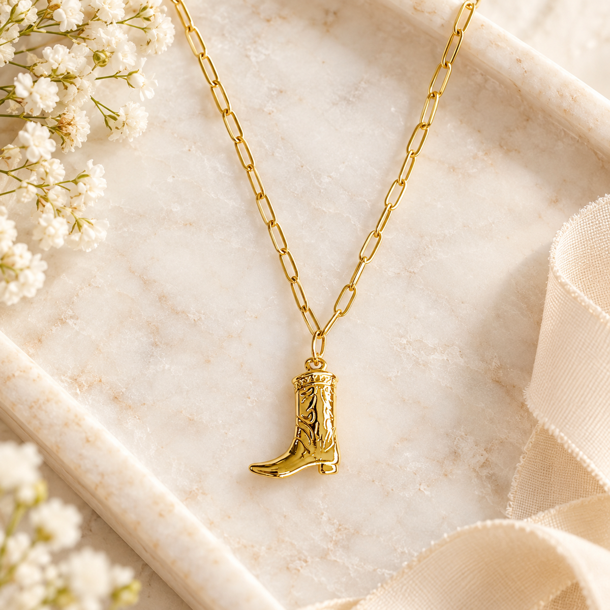 Golden Cowgirl Boot Pendant Necklace