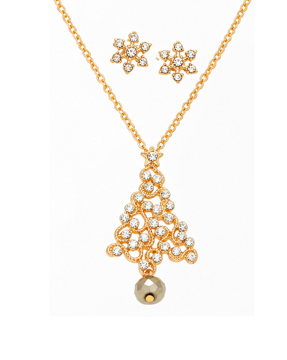 Crystal Christmas Tree Necklace & Snowflake Earring Set | Holiday Jewelry
