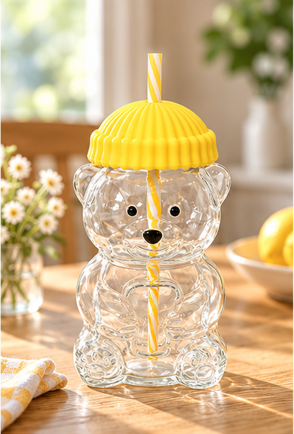 Teddy Bear Glass Cup with Straw | Cute Bear Shaped Drinkware