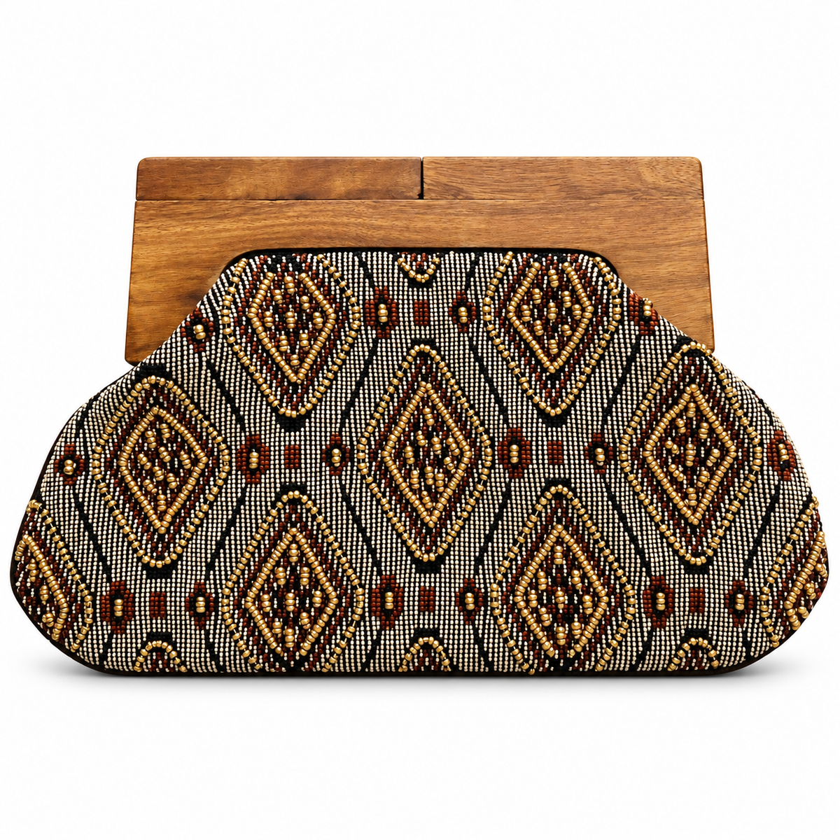 Beaded Black Gold Clutch with Wooden Handle