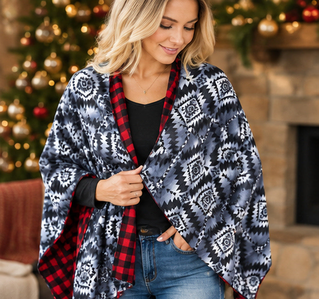 Red Buffalo Plaid & Southwestern Reversible Shawl | One Size