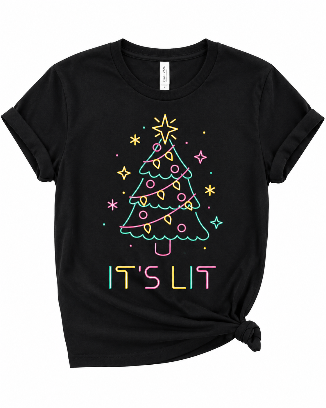 A black short-sleeve t-shirt with a colorful graphic of a Christmas tree and the text 'IT'S LIT' in neon-style colors, shown on a plain white background.