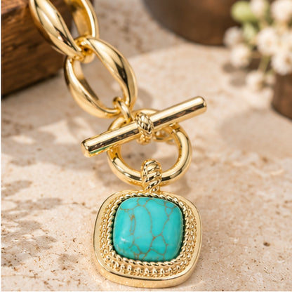 Gold-Plated Faux Turquoise Square Pendant Toggle Necklace