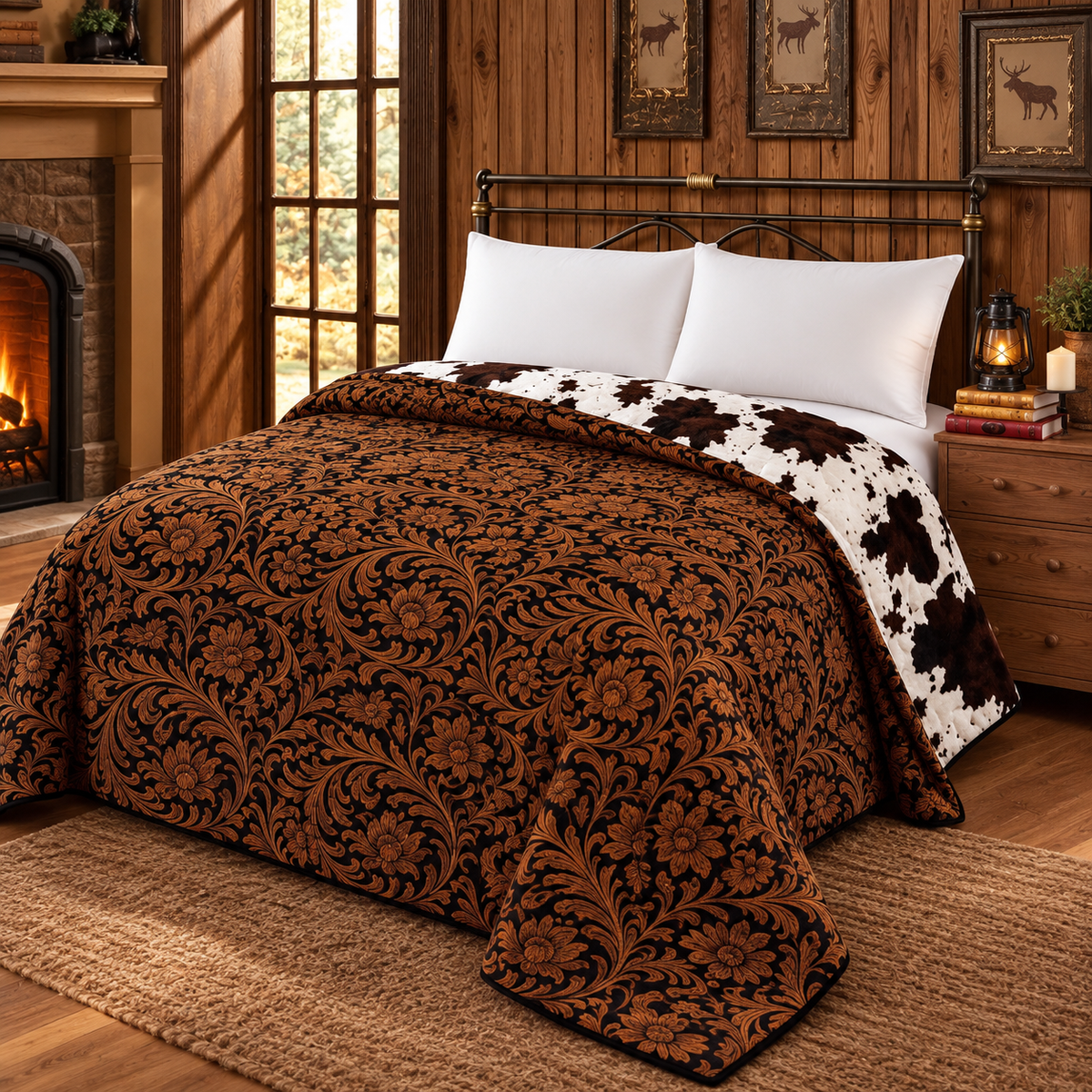 Saddlewood Reversible King Blanket | Western Floral & Cow Print