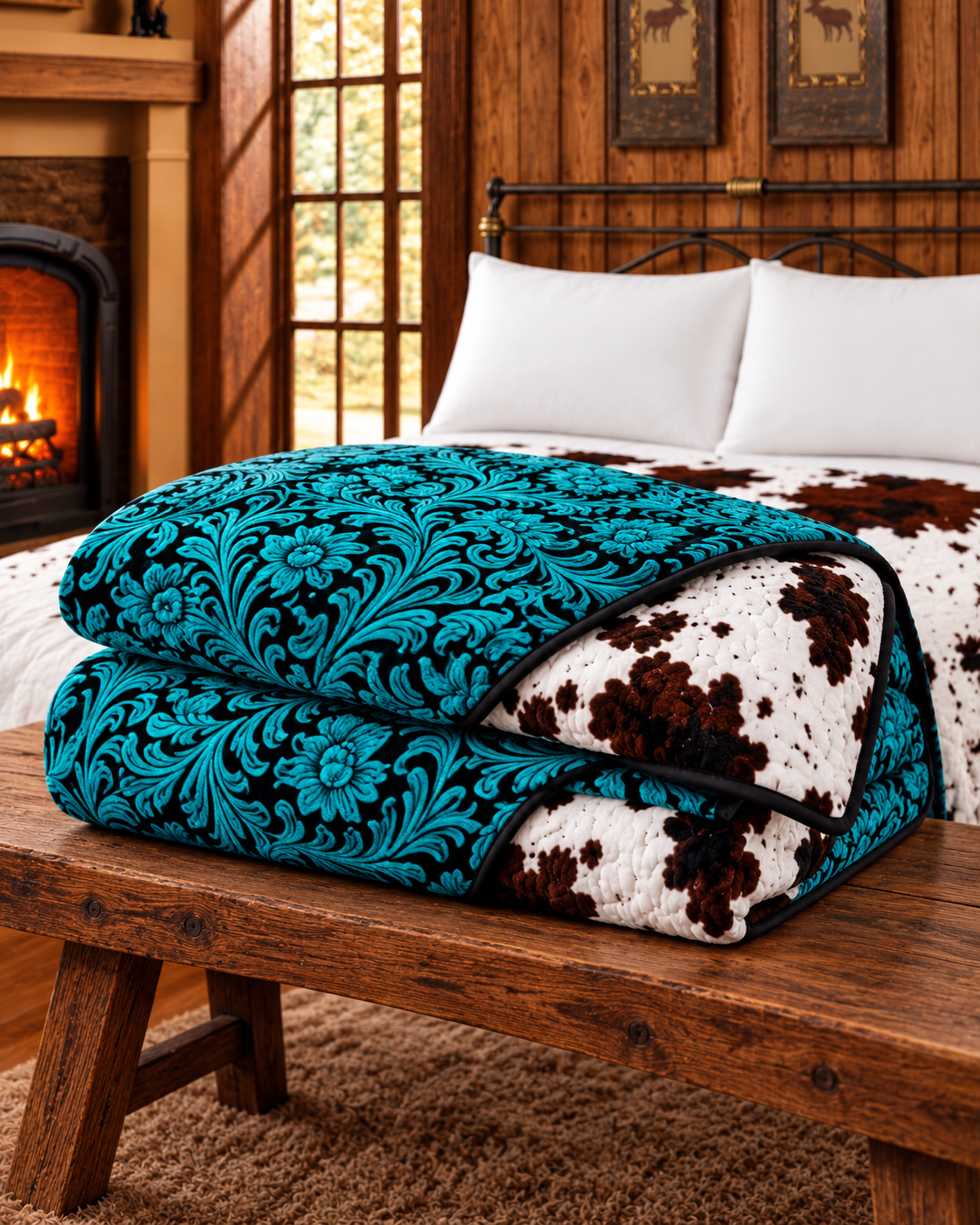 Turquoise Ranch Revival Reversible King Blanket