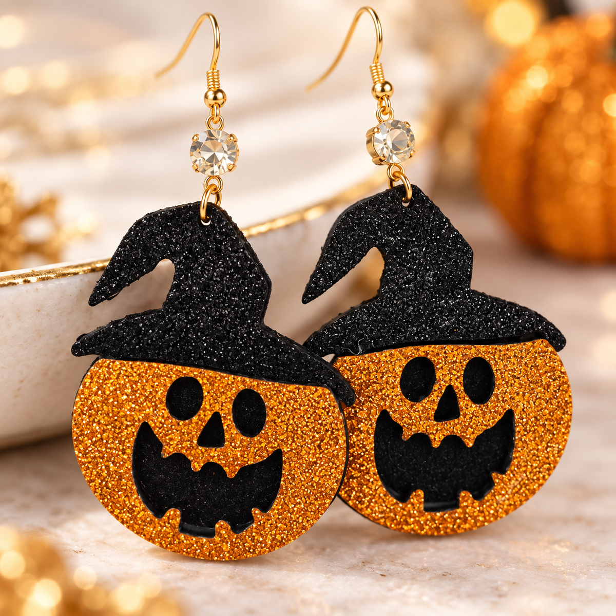 Witchy Pumpkin Glitter Drop Earrings