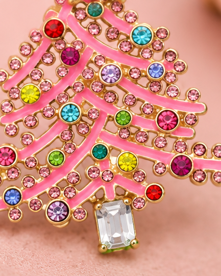 Pink Christmas Tree Rhinestone Dangle Earrings | Multicolor Sparkle