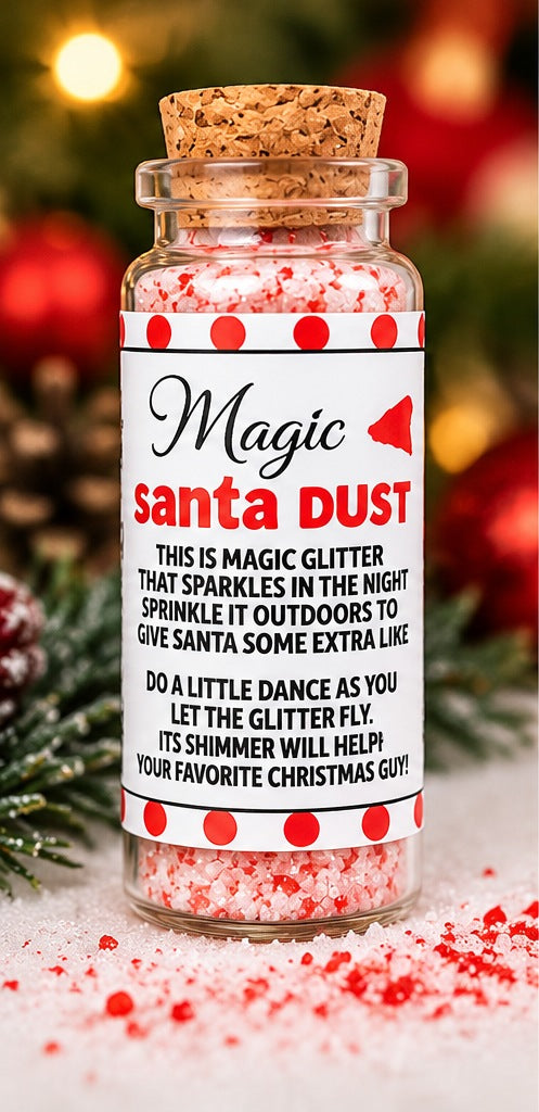 A small glass bottle filled with red and white glittery powder, sealed with a cork stopper and labeled 'Magic santa dust' with holiday-themed text, set against a blurred Christmas tree and lights background.