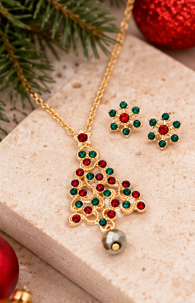 Crystal Christmas Tree Necklace & Snowflake Earring Set | Holiday Jewelry