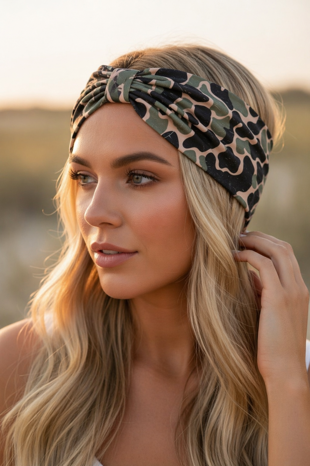 Woman wearing a leopard print headband with a blurred natural background