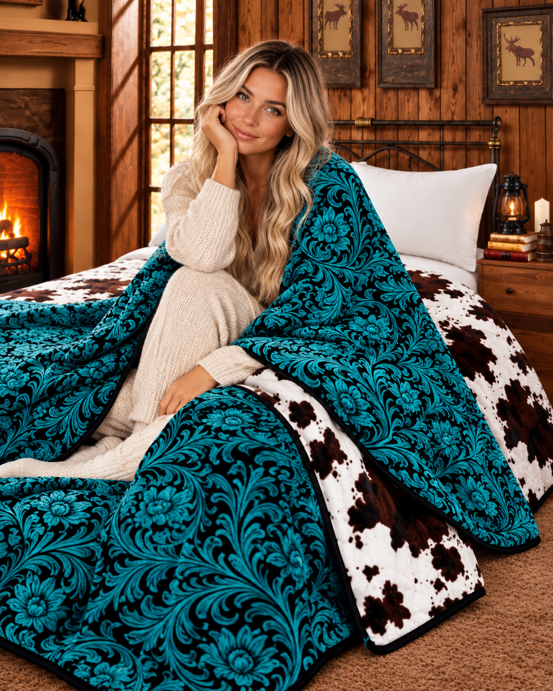 Turquoise Ranch Revival Reversible King Blanket