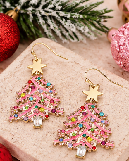 Pink Christmas Tree Rhinestone Dangle Earrings | Multicolor Sparkle