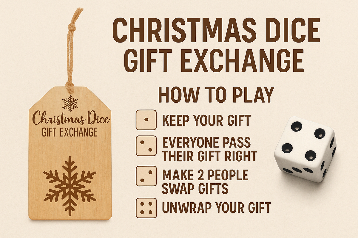 Instructions for a Christmas dice gift exchange on a beige background with a wooden tag and dice.