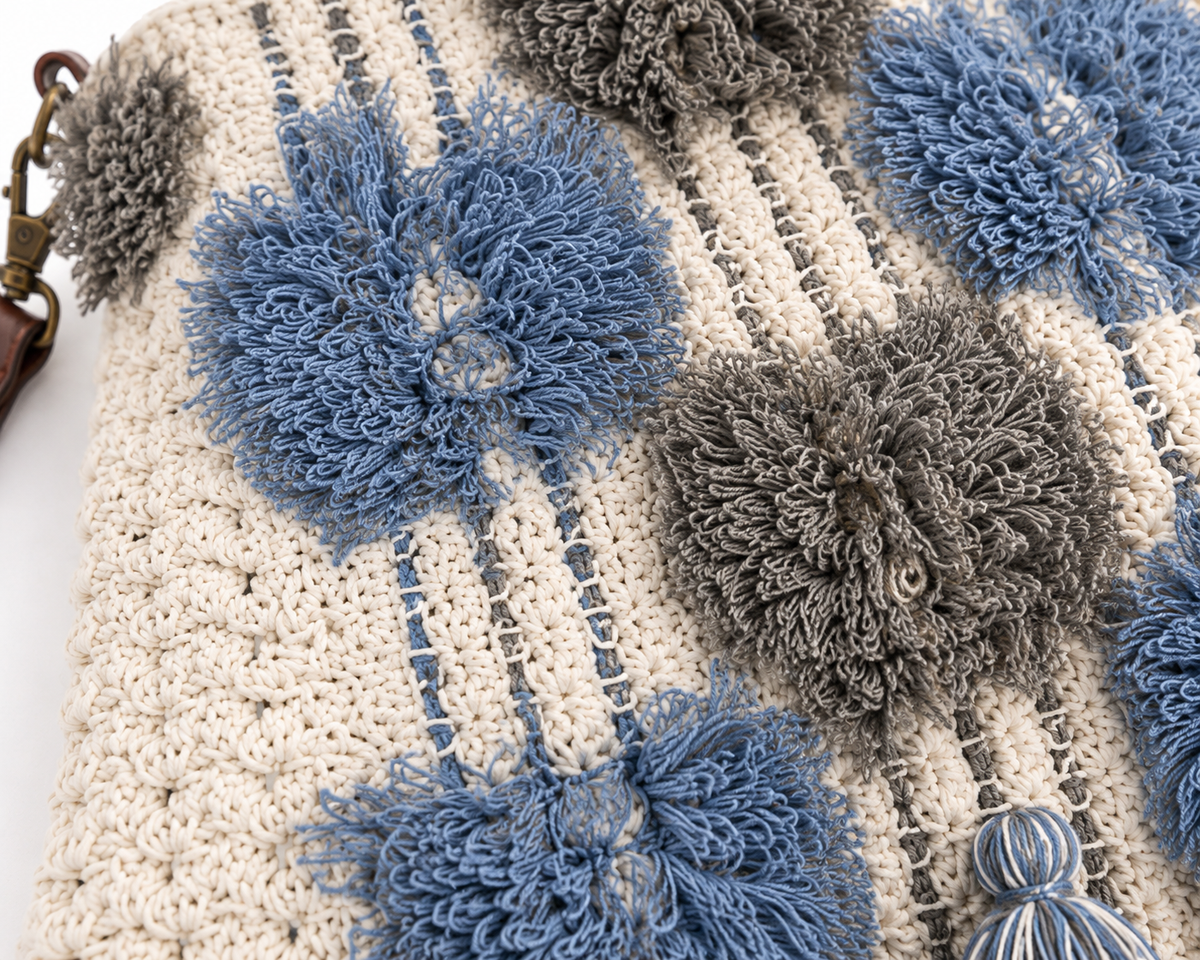 Close-up of a textured fabric with blue and gray flowers on a white background