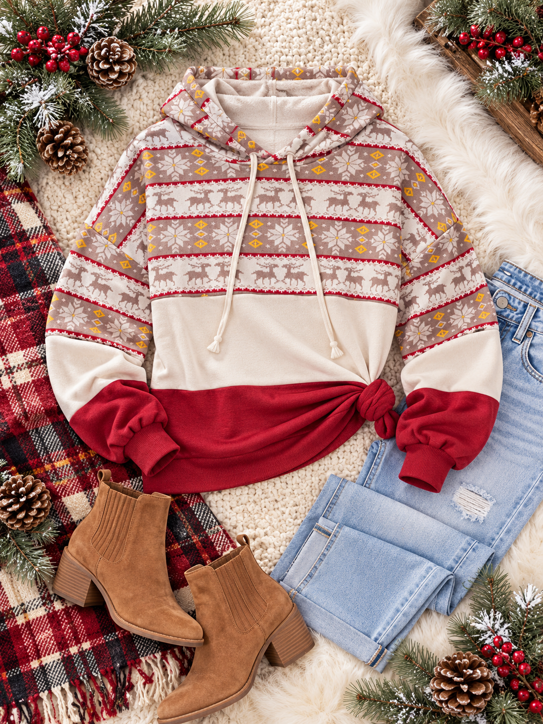 A festive holiday-themed flat lay featuring a long-sleeve knit hoodie with a cream base, red and gray patterned upper section, and a solid red hem. The hoodie is styled with light-wash jeans, brown ankle boots, a red plaid scarf, and pinecones on a cream faux fur background.