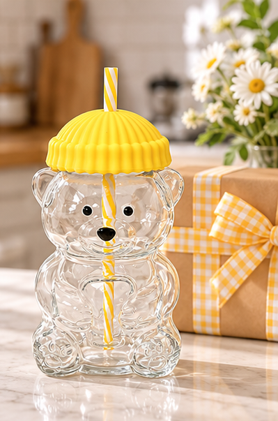 Teddy Bear Glass Cup with Straw | Cute Bear Shaped Drinkware