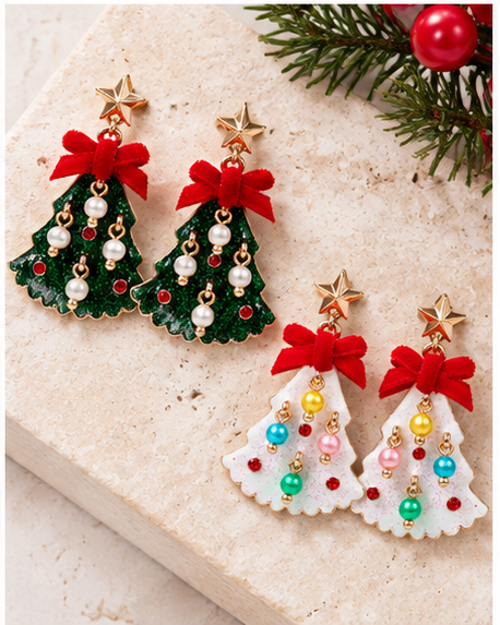 Glittered Christmas Tree Dangle Earrings with Velvet Bows | Green & White