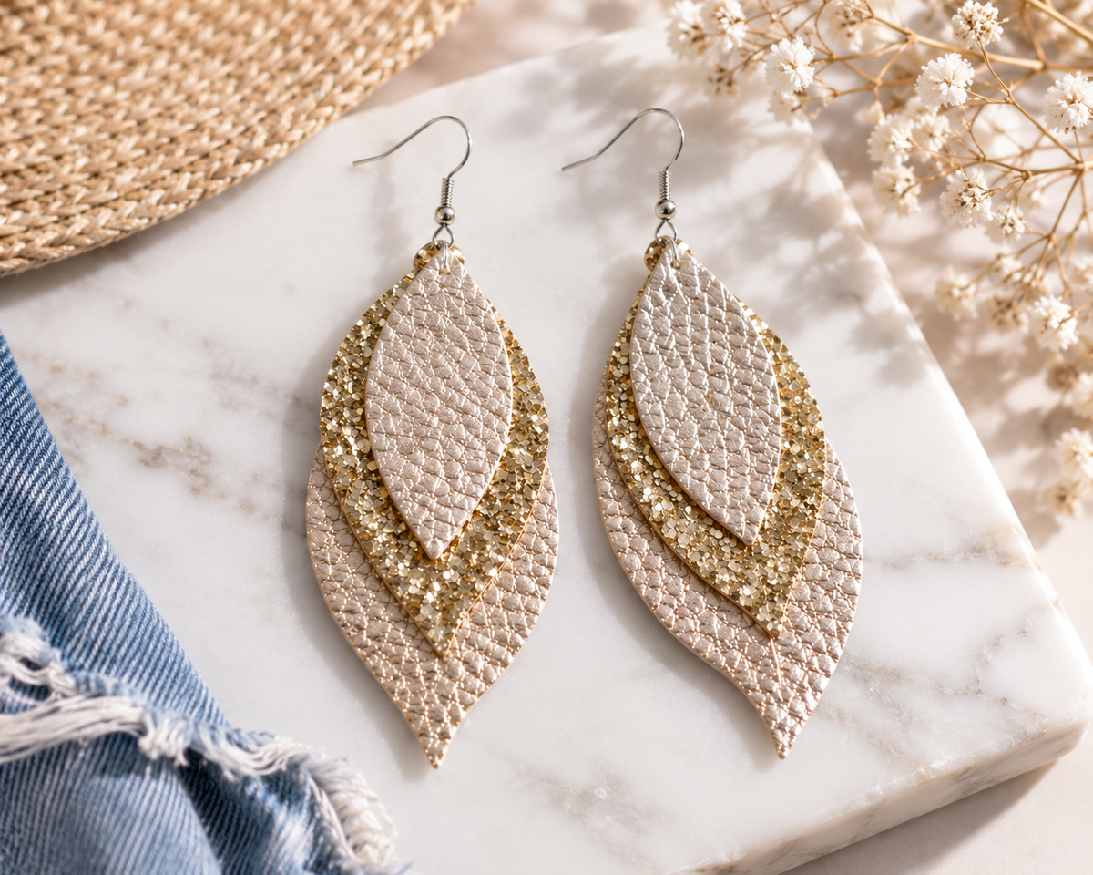 Champagne Shimmer Layered Leaf Earrings