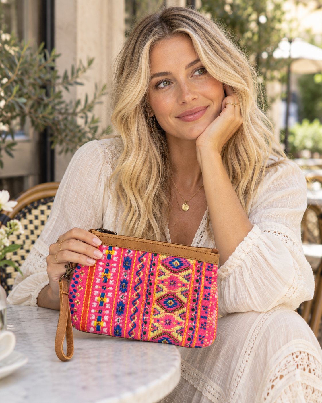 The Santa Fe Pink Embroidered Wristlet