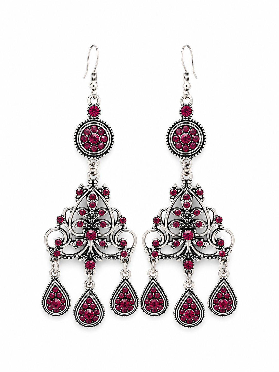 Red Romance Crystal Chandelier Earrings – Antique Silver-Tone