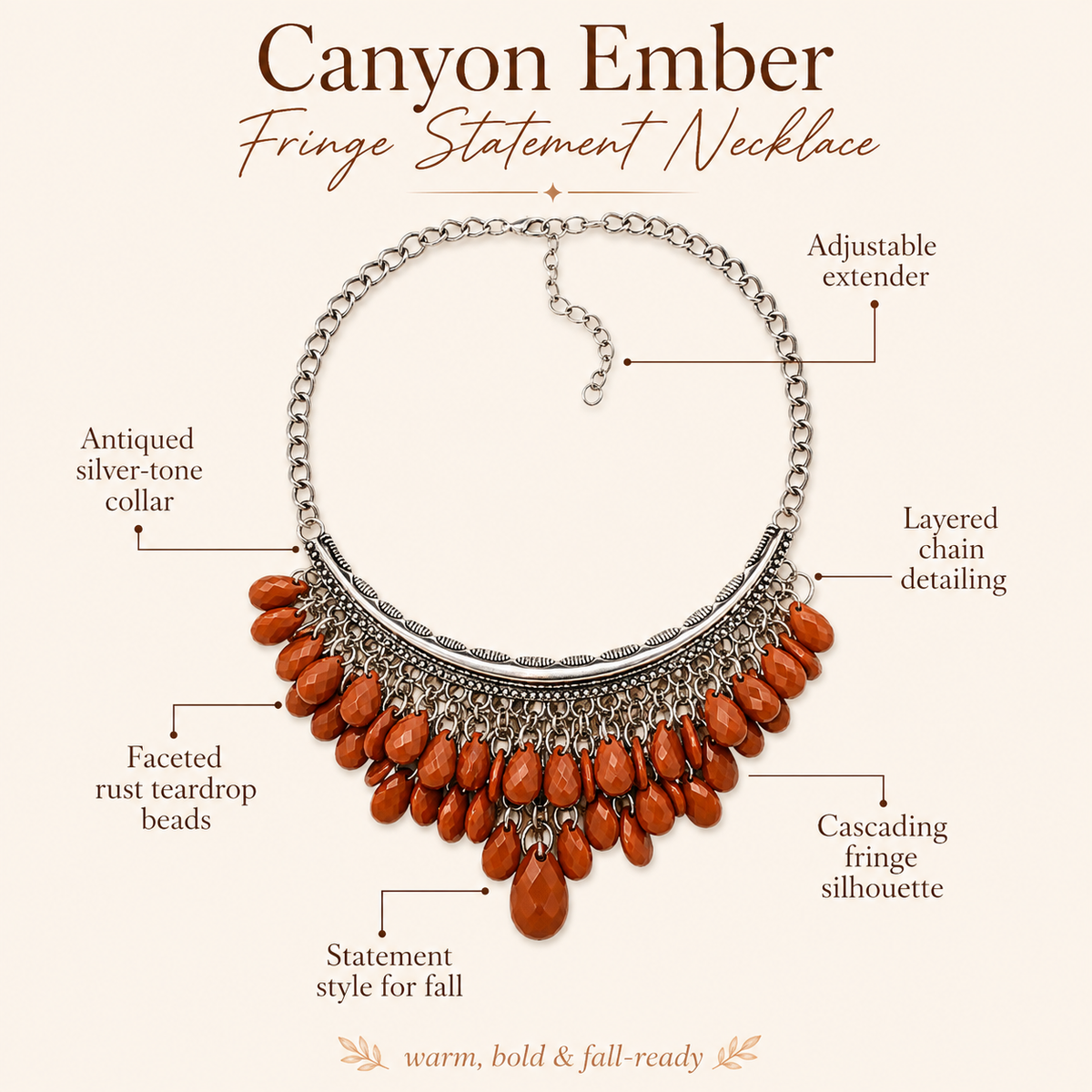 Canyon Ember fringe statement necklace with labeled callouts on a beige background. The necklace has a silver-tone chain collar, rust-colored faceted teardrop beads, and cascading fringe.