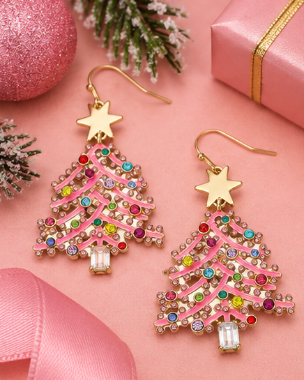 Pink Christmas Tree Rhinestone Dangle Earrings | Multicolor Sparkle