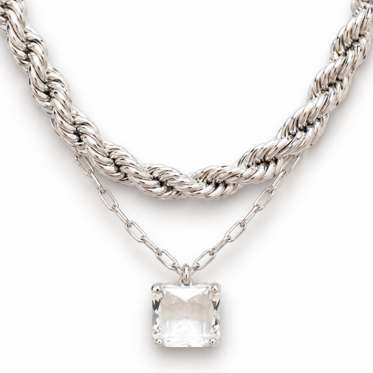 Silver Hour Layered Necklace | Clear Stone Pendant