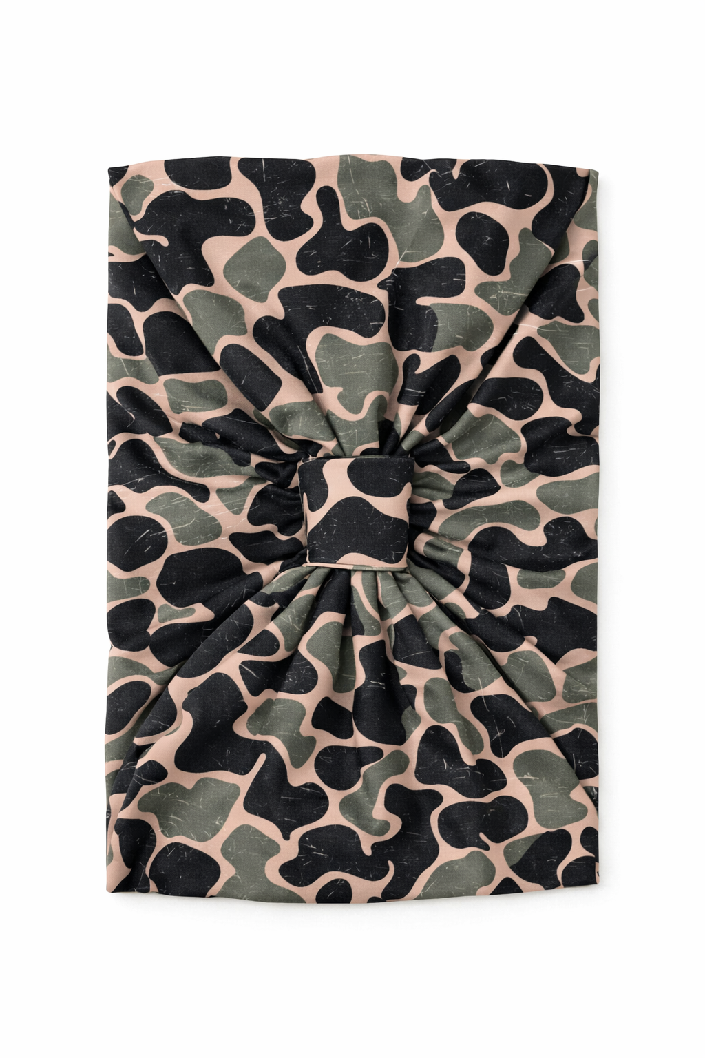 Camouflage-patterned headband with a knot on a white background