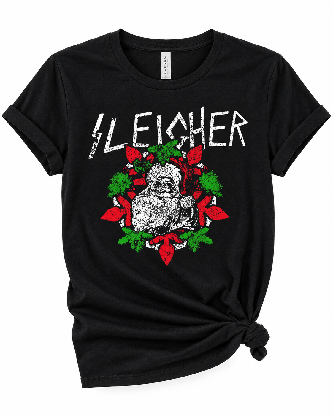 A black short-sleeve graphic t-shirt with a distressed white 'SLEICHER' text print and a Santa Claus design in red and green, styled with a knot at the bottom hem on a white background.
