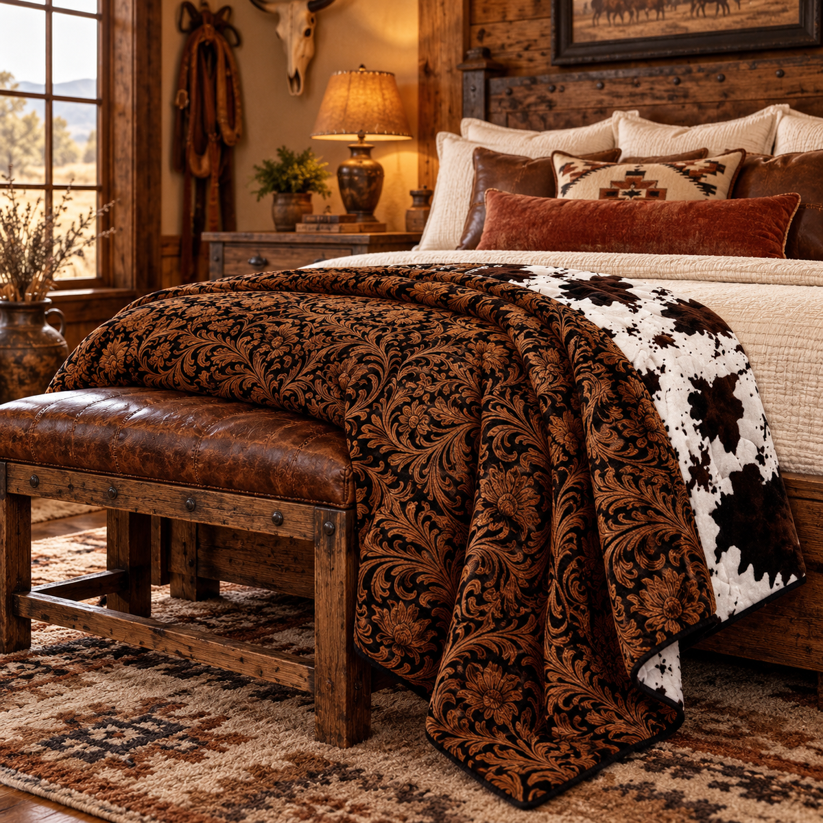 Saddlewood Reversible King Blanket | Western Floral & Cow Print