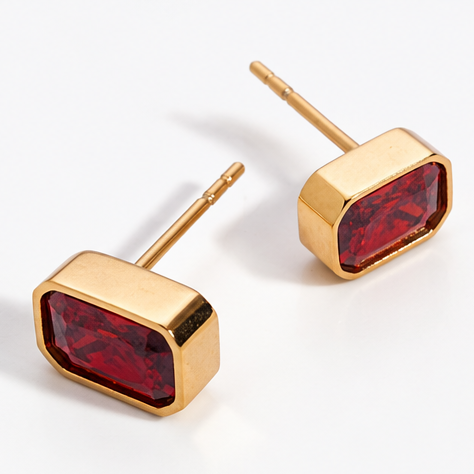 January Emerald-Cut Birthstone Stud Earrings – Garnet Red