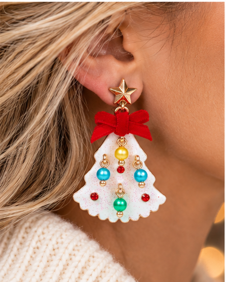Glittered Christmas Tree Dangle Earrings with Velvet Bows | Green & White
