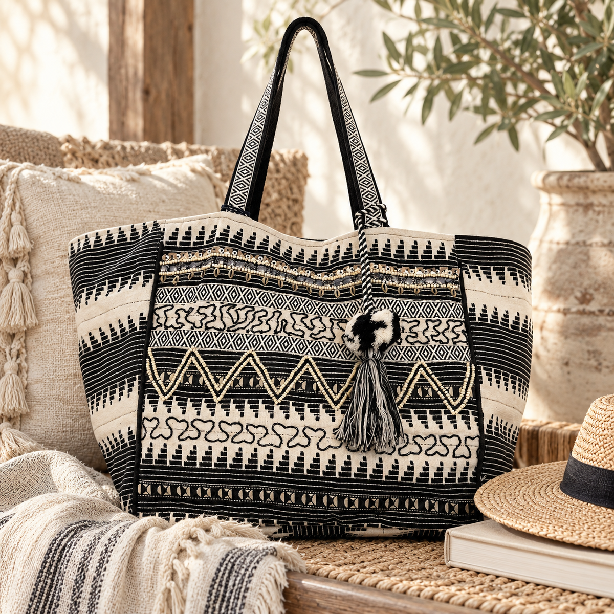 Black Mesa Wide Tote | Geometric Statement Carryall