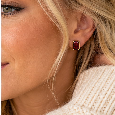 January Emerald-Cut Birthstone Stud Earrings – Garnet Red