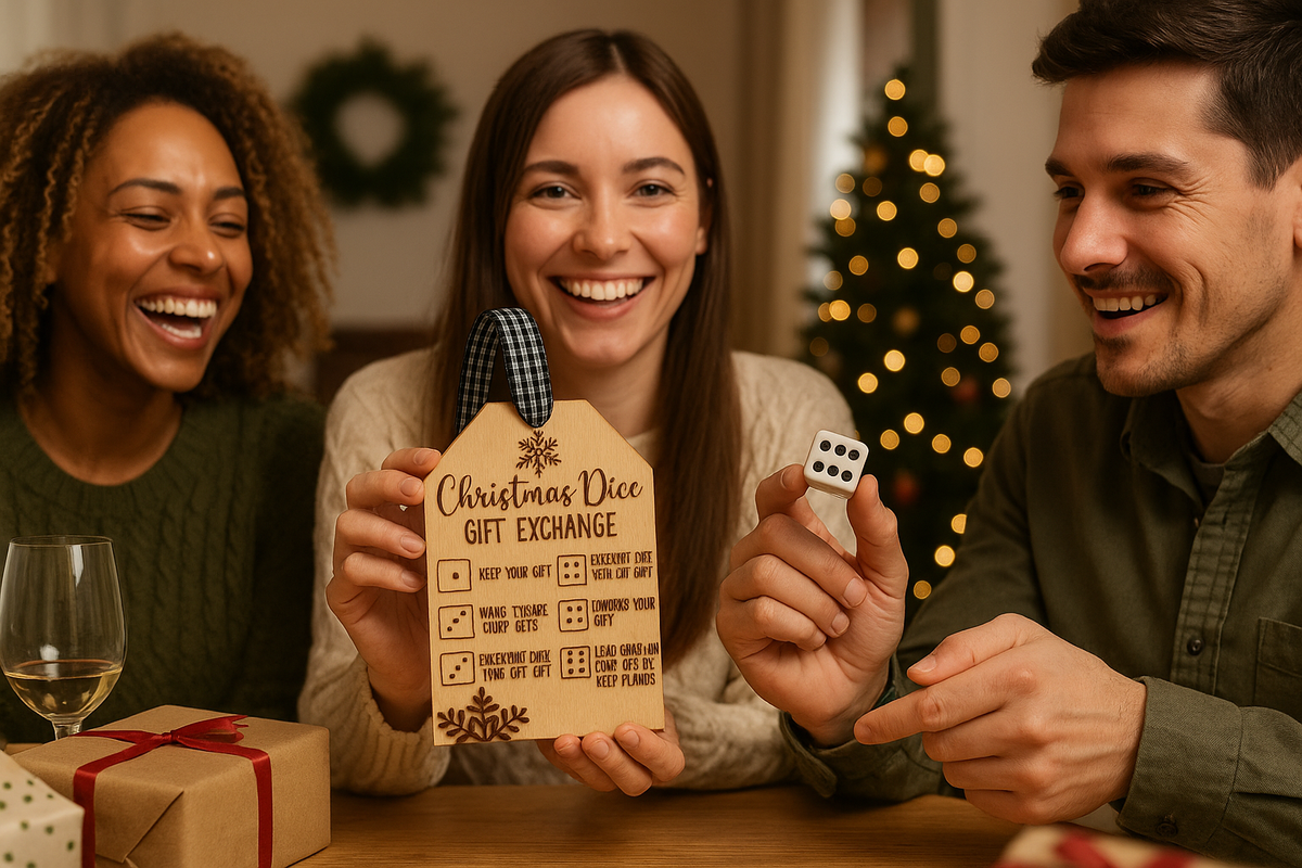 Three people at a Christmas gift exchange with a wooden 'Christmas Dice' and a decorated tree in the background.