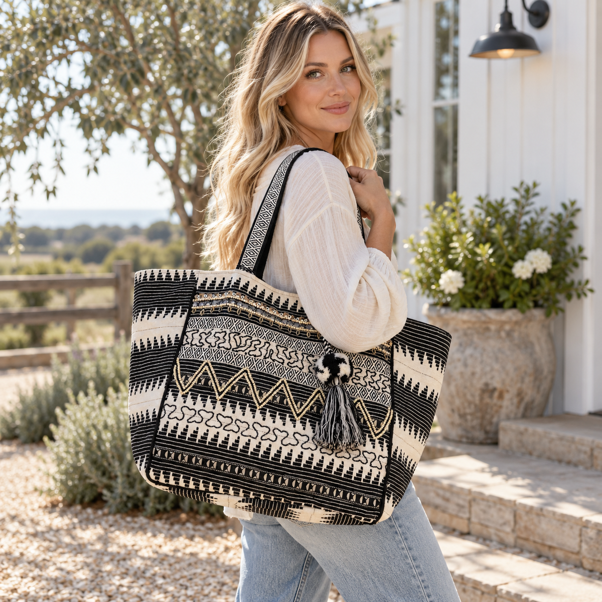 Black Mesa Wide Tote | Geometric Statement Carryall
