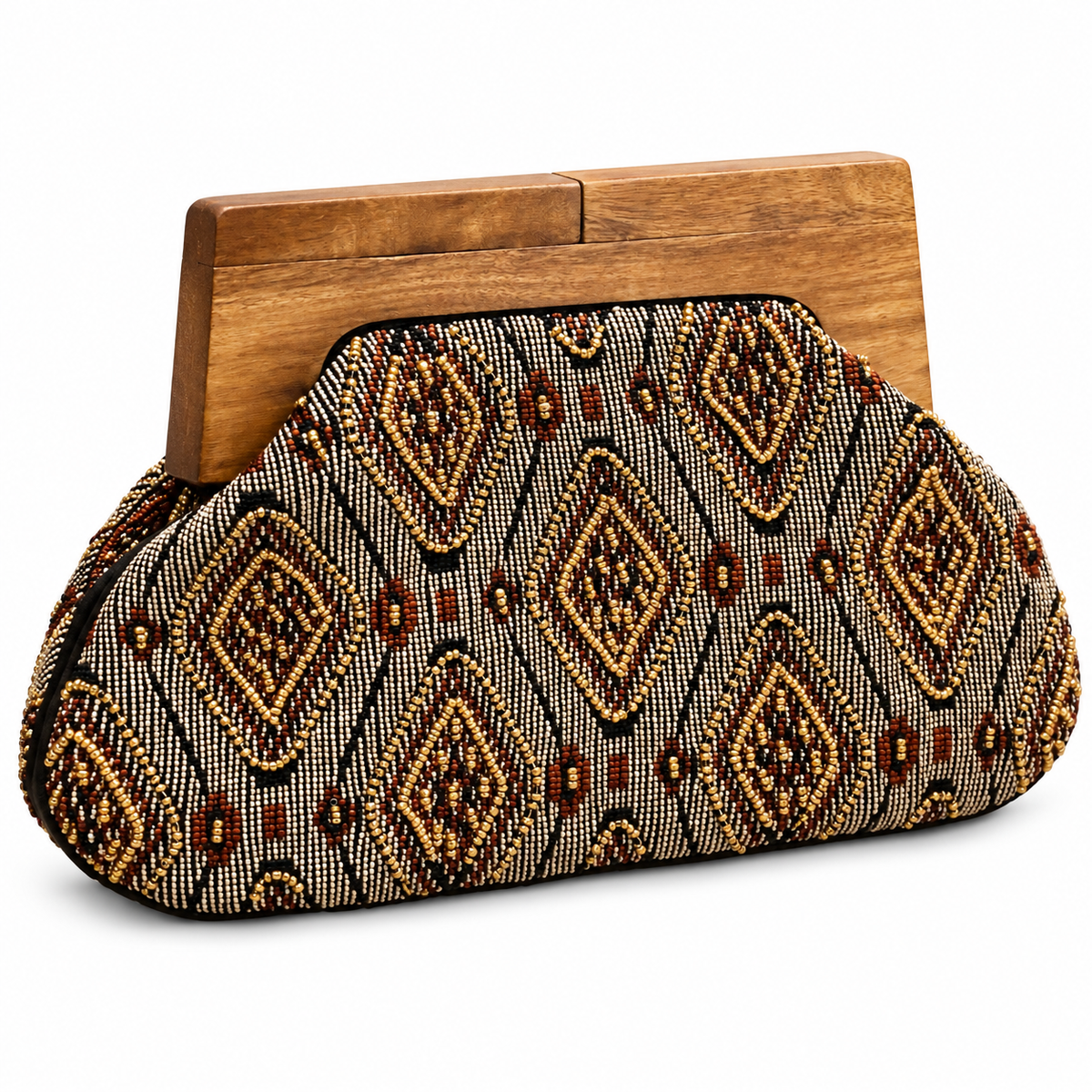Beaded Black Gold Clutch with Wooden Handle