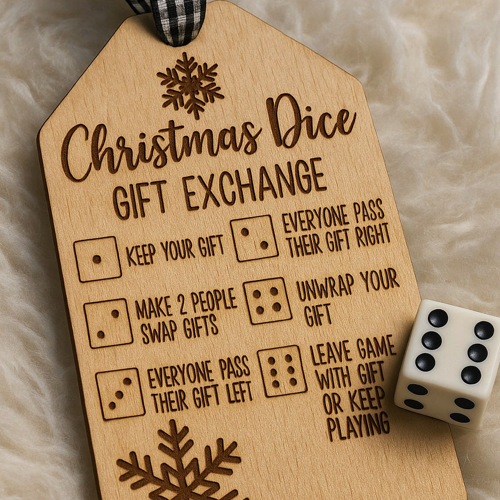 A wooden Christmas Dice Gift Exchange tag with engraved rules and snowflake designs, shown on a soft beige fabric background with a white die beside it.