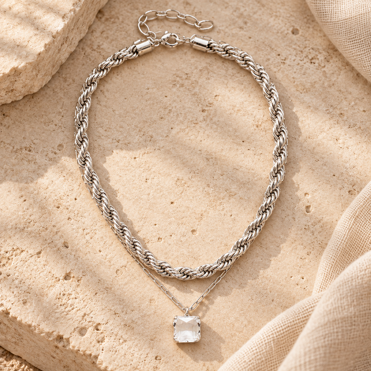 Silver Hour Layered Necklace | Clear Stone Pendant