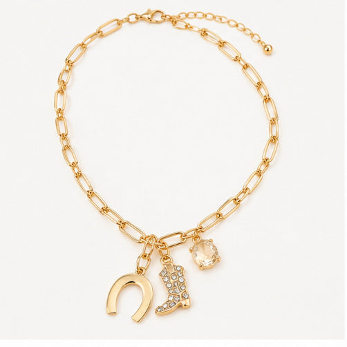 Lucky Cowgirl Western Charm Necklace – Horseshoe & Cowboy Boot