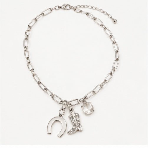 Lucky Cowgirl Western Charm Necklace – Horseshoe & Cowboy Boot