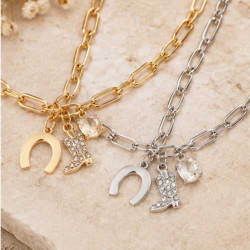 Lucky Cowgirl Western Charm Necklace – Horseshoe & Cowboy Boot